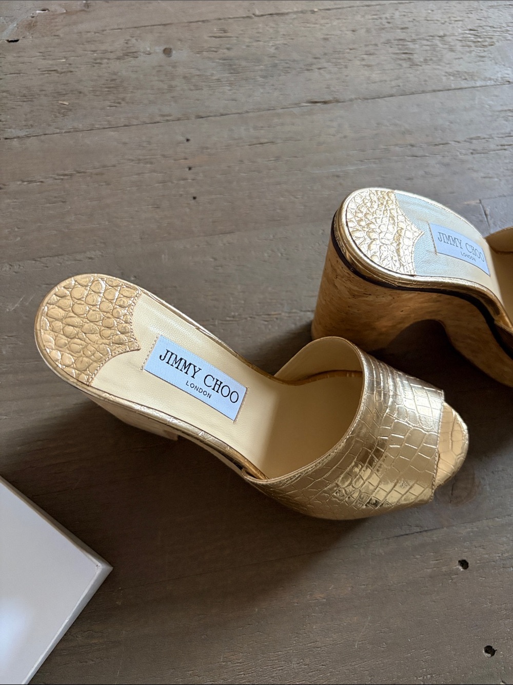 Jimmy Choo Metallic Gold Croc-Embossed Platform Mules - Picture 2 of 7